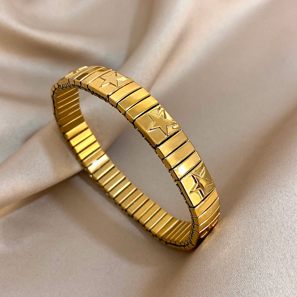 Trendy Star Textured Stainless Steel Bracelet for Women Men Adjustable Elastic Watchband Bangle Bracelets Waterproof Jewelry