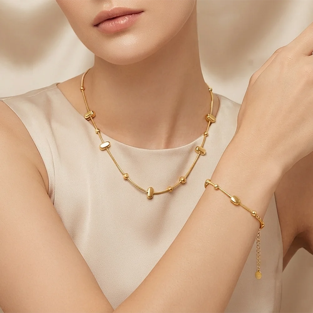 Trendy Gold Plated Stainless Steel Thick Chain Necklace Bracelet Geometric Beads Link Chain Waterproof Necklaces Bracelets