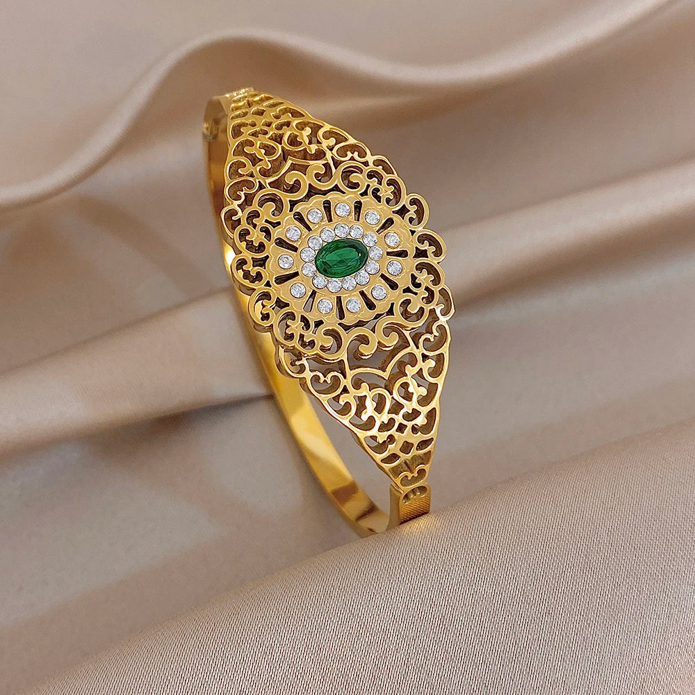 Exquisite Palace Hollow Flower Carved Bracelet for Women Chic Zircon Gold Plated Stainless Steel Cuff Bangles Waterproof Jewelry