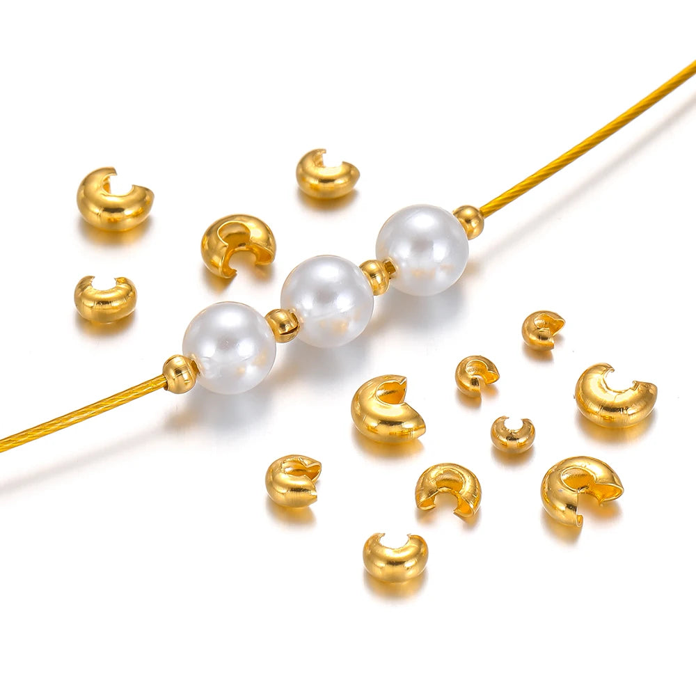 Gold open crimp end bead stoppers with pearl-look spacer beads on cord