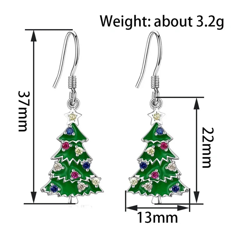 Christmas tree drop earrings, green enamel tree with multicolor beads; size diagram shown
