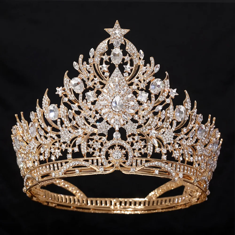 Silver-tone crystal bridal tiara with clear rhinestones and starry crown design