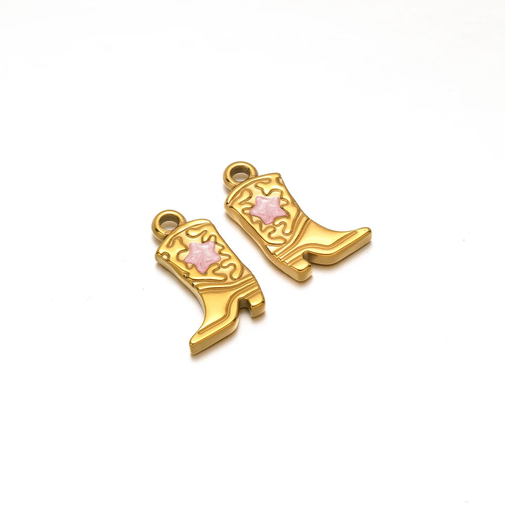 Gold-tone long boot charms with pink star inlay and small hanging loops