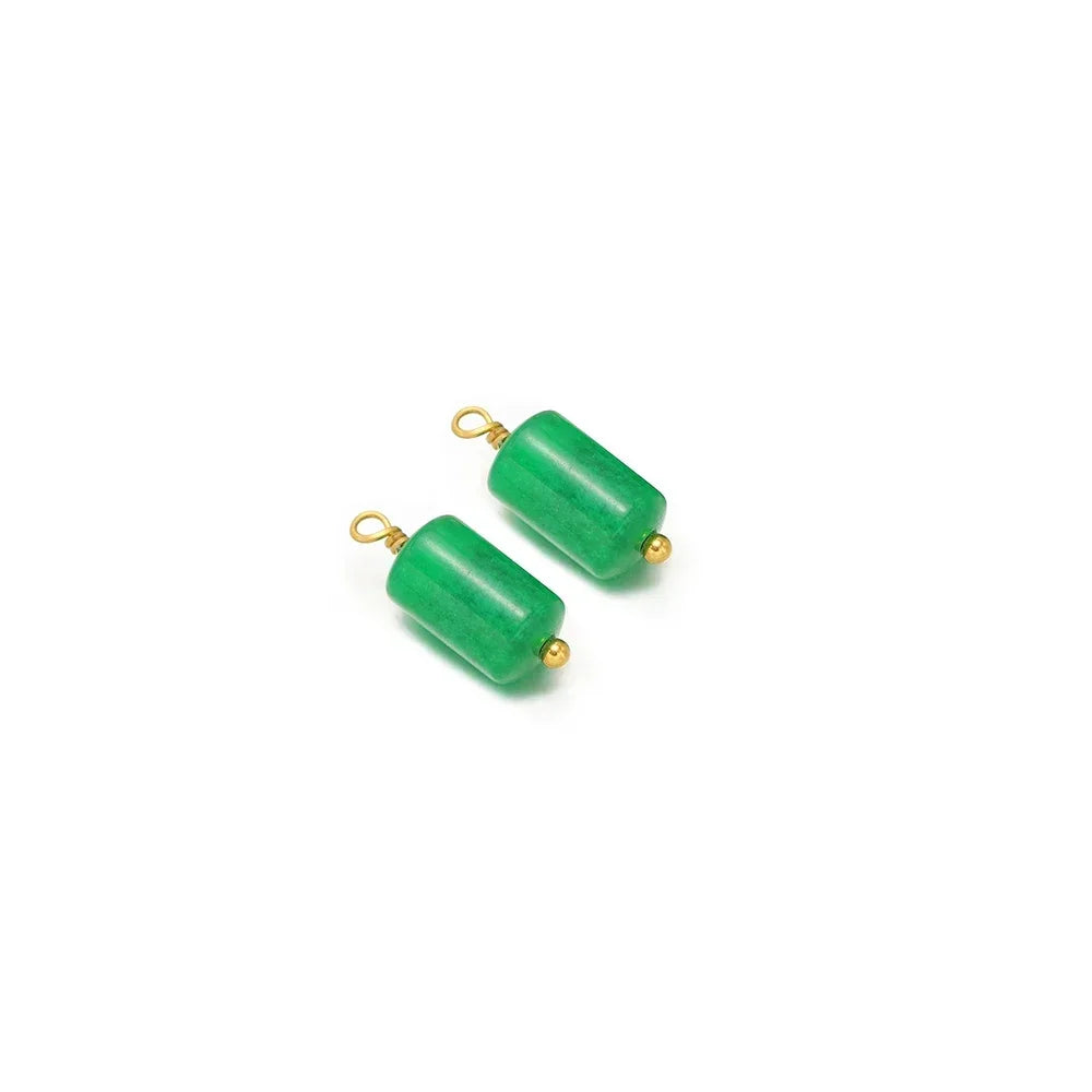 Green cylinder stone charm pendants with gold-tone loops, two-piece view