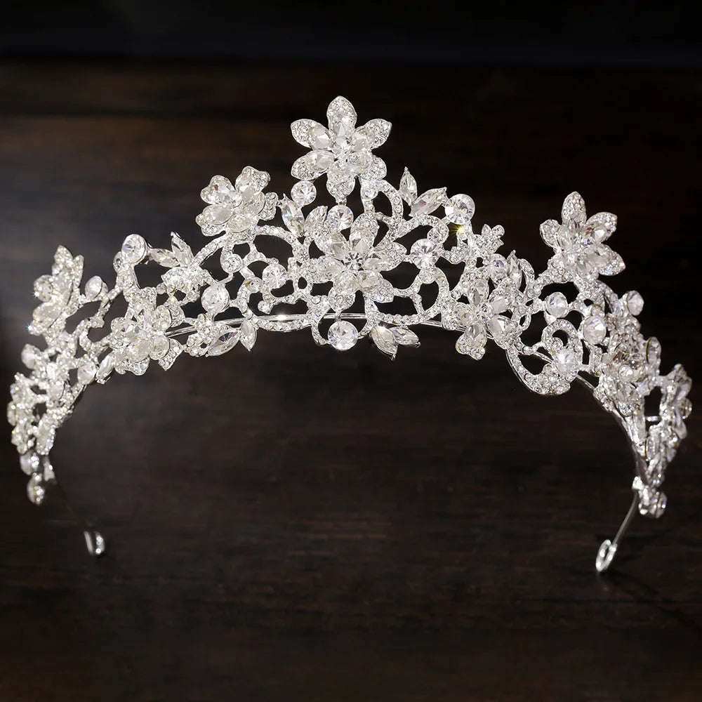 Rhinestone floral tiara with clear white crystals and silver-tone ornamental settings
