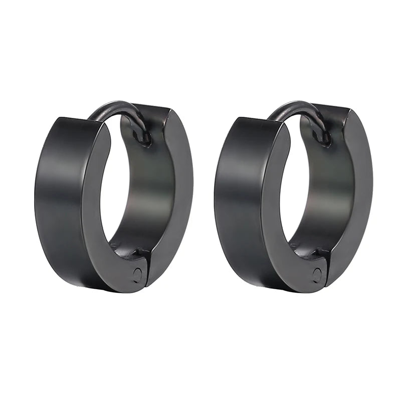 Black smooth hoop earrings with a round outer profile and hinge closure