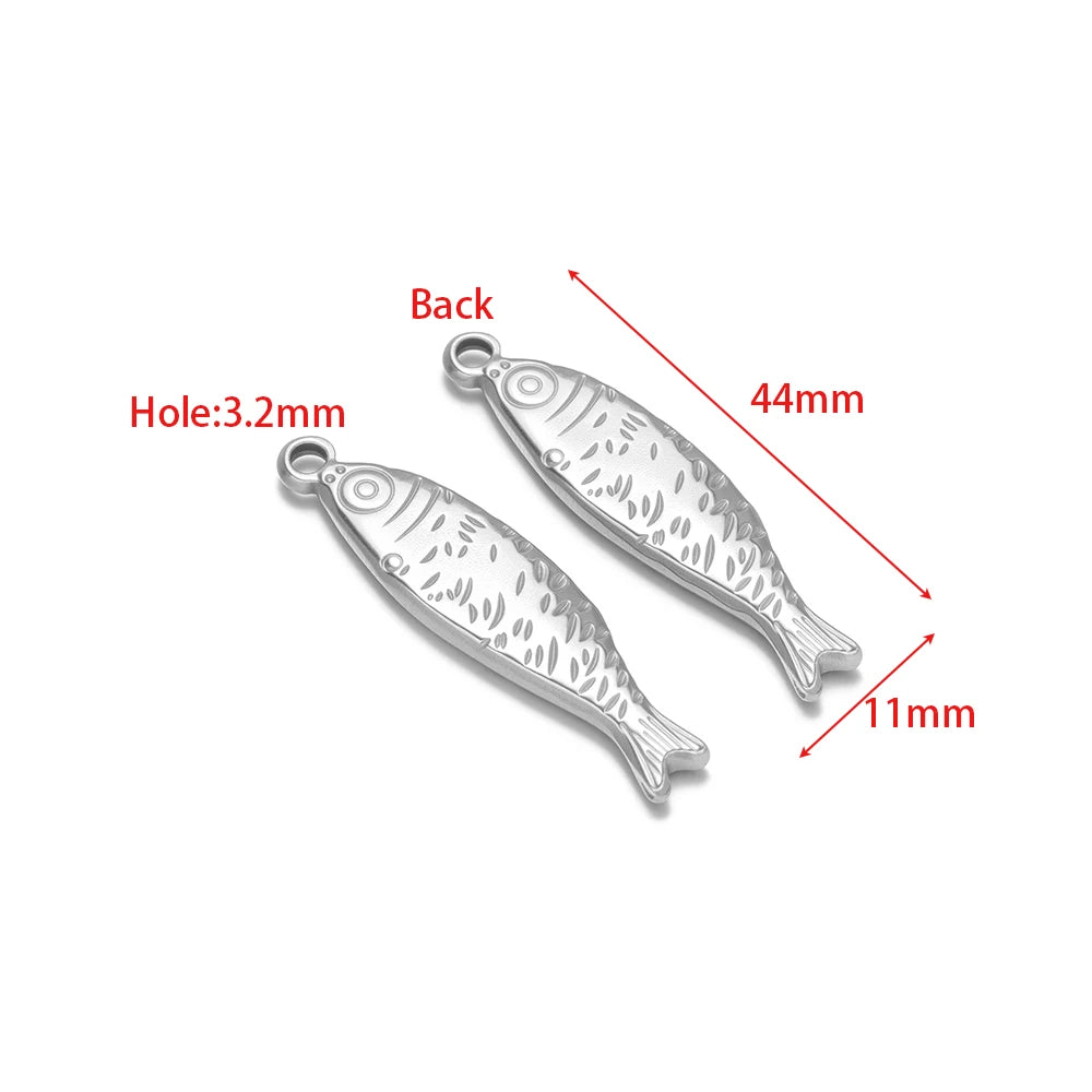 Set of two silver fish charms, 44mm long, 3.2mm hole, 3D metal pendant loops