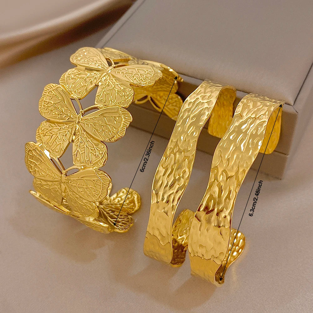 Irregular Hammered Geometric Butterfly Stainless Steel Cuff Bangle Exaggerated Gold Plated Wide Bracelets Waterproof Jewelry Set