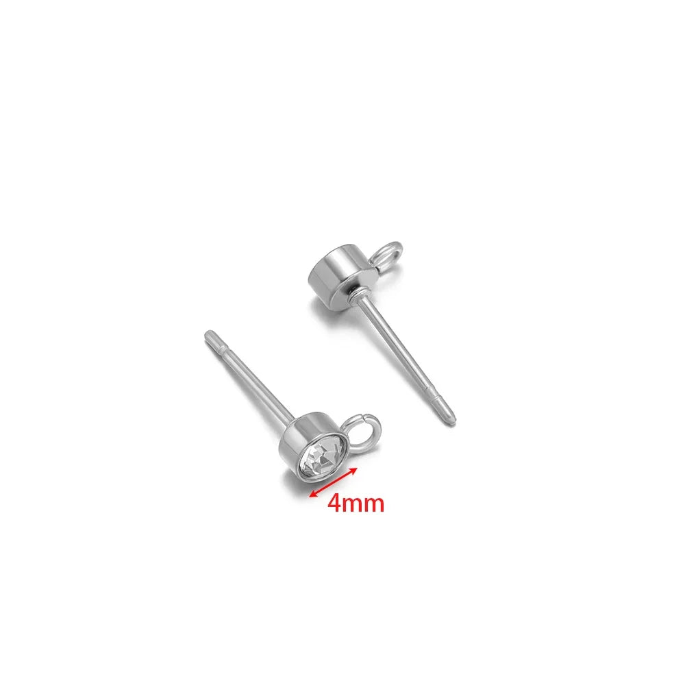 Silver zircon stud earring posts with loop hook, 4mm round stones, pair