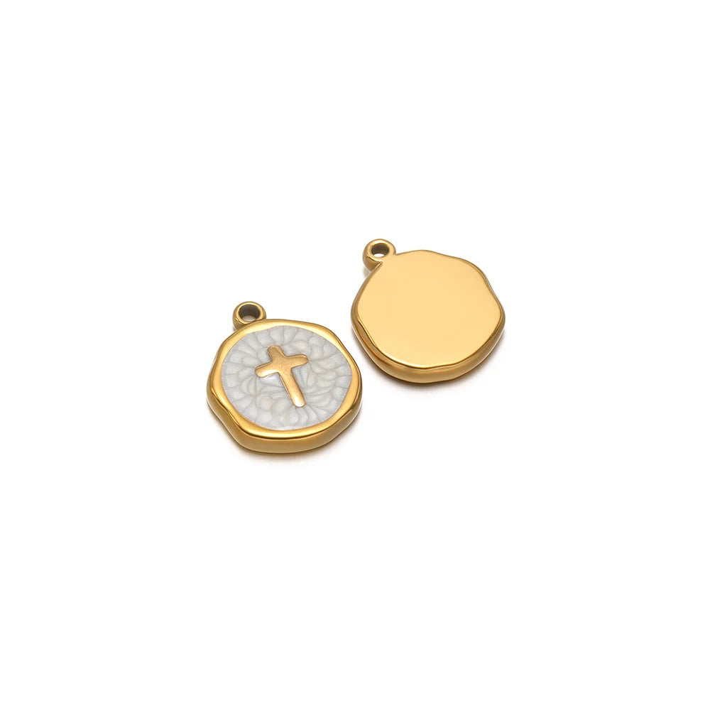 Enamel cross charm pendant, white round with gold-tone border and plain gold-tone charm