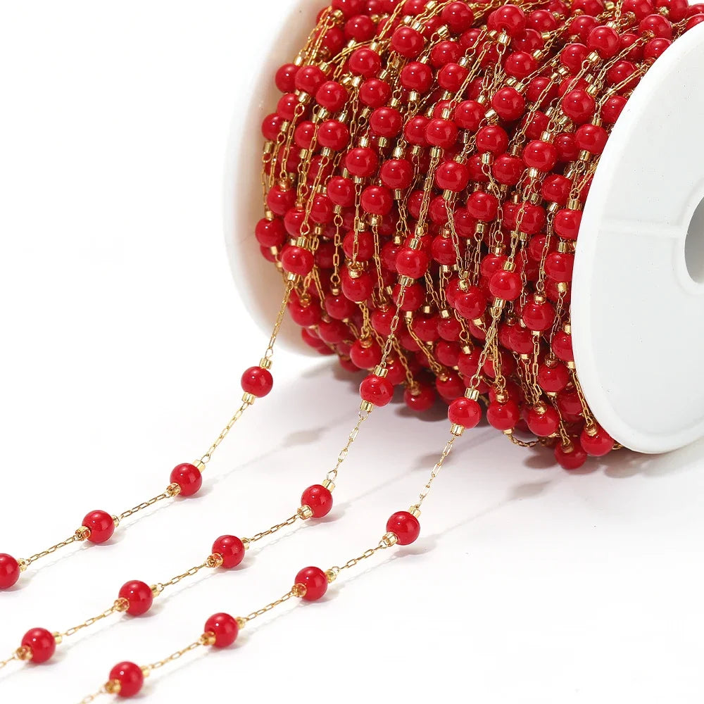Stainless steel bead chain with gold-tone links and red bead drops for DIY jewelry
