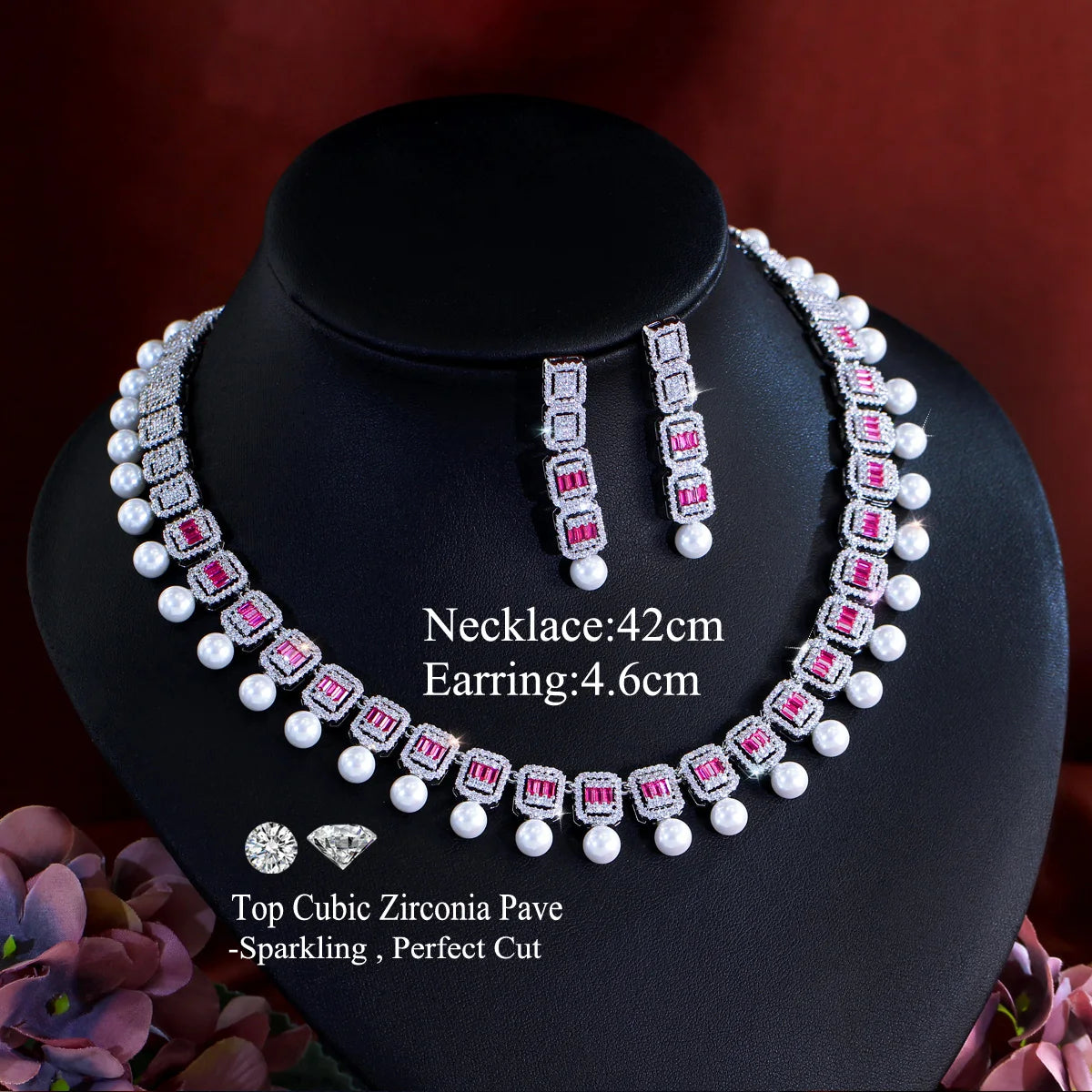 Geometric CZ necklace and drop earrings set with rose detailing and white pearl beads