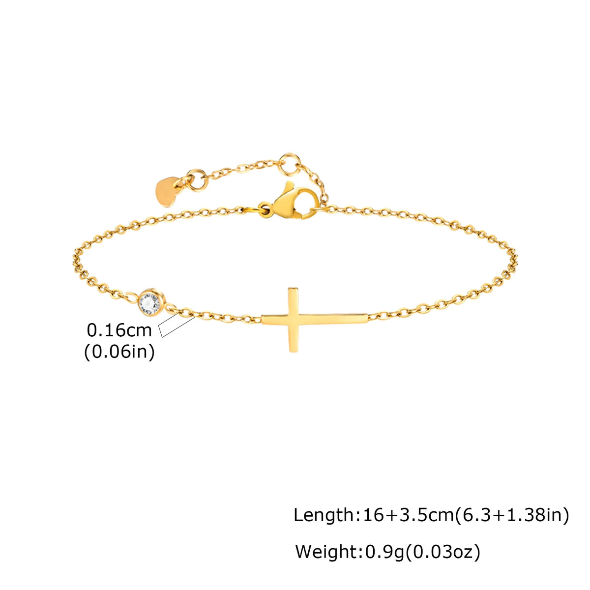 Gold cross bracelet with small stone accent on a linked chain band