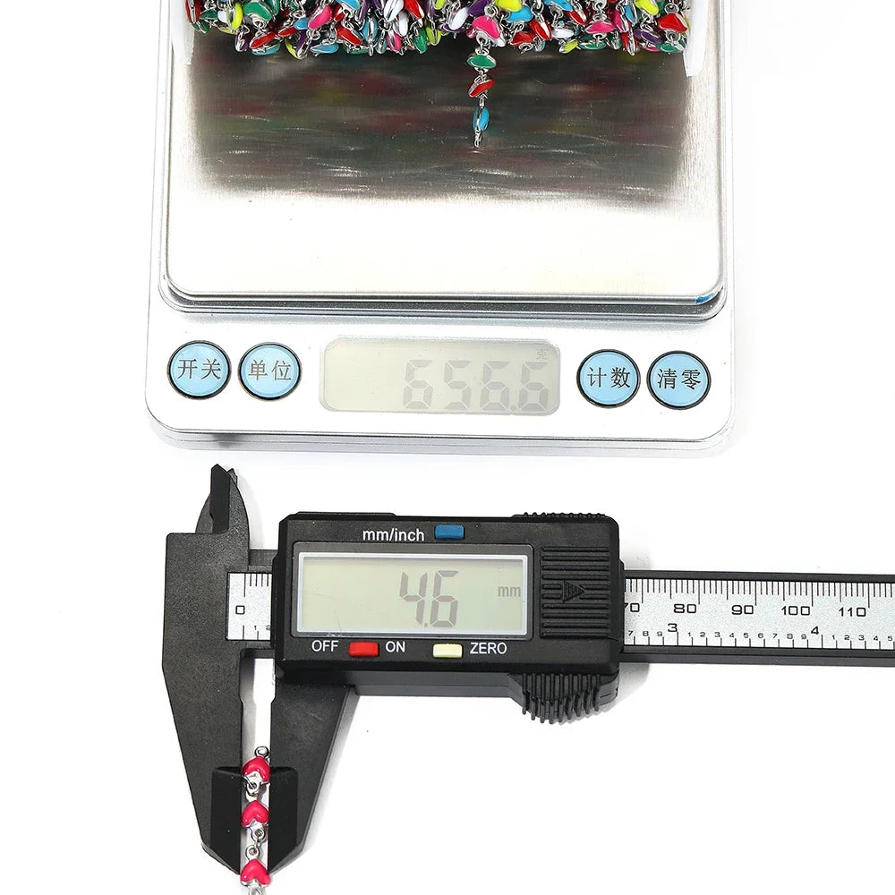 Stainless steel enamel heart link chain measured with digital scale and caliper