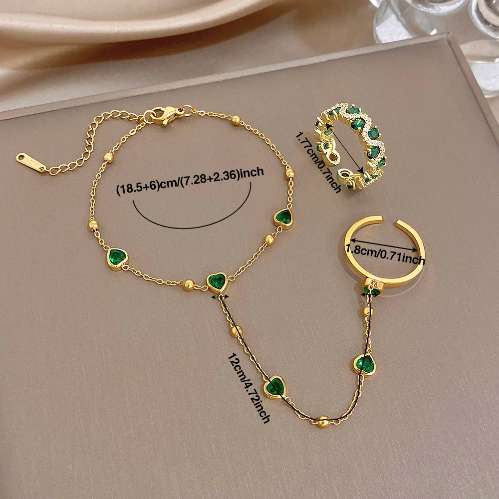 Gold-plated chain bracelet with green heart beads with finger ring and cuff ring