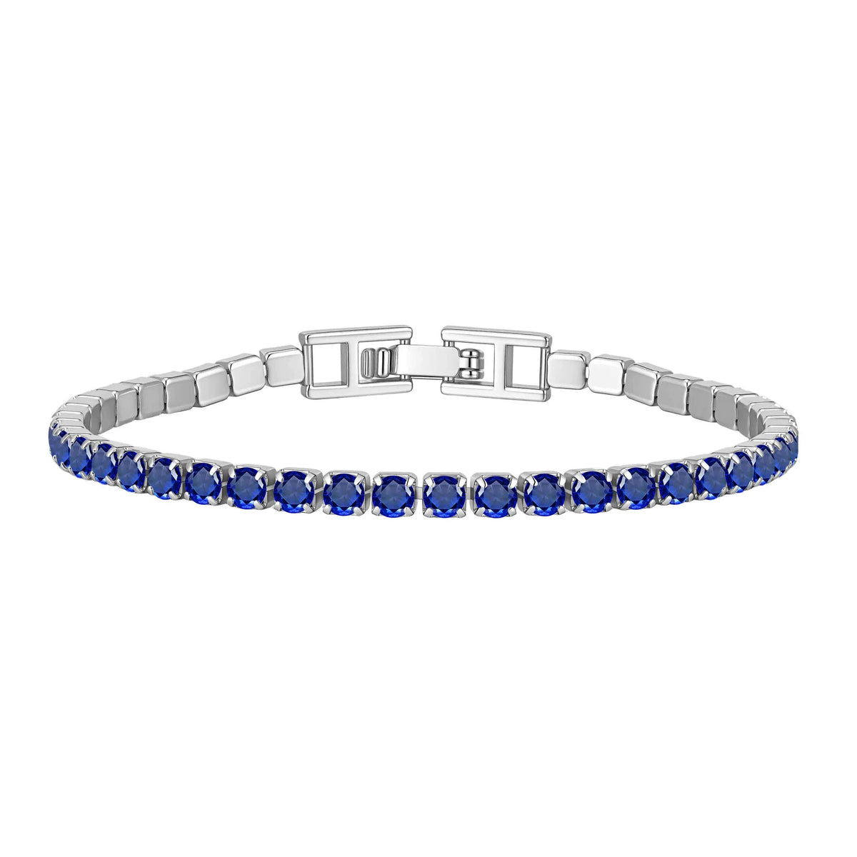 Blue tennis bracelet with silver-tone links and oval cubic zirconia stone row
