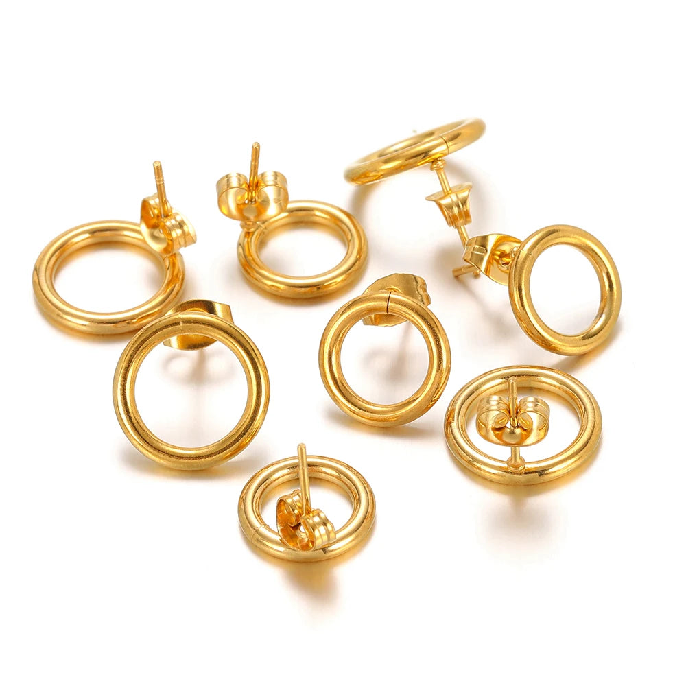 Gold round hollow stud earrings set (10 pairs), front view of circular hoops