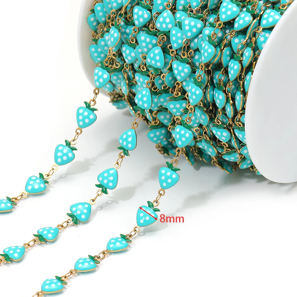 Turquoise enamel strawberry charm chain with gold links, 8mm bead size detail