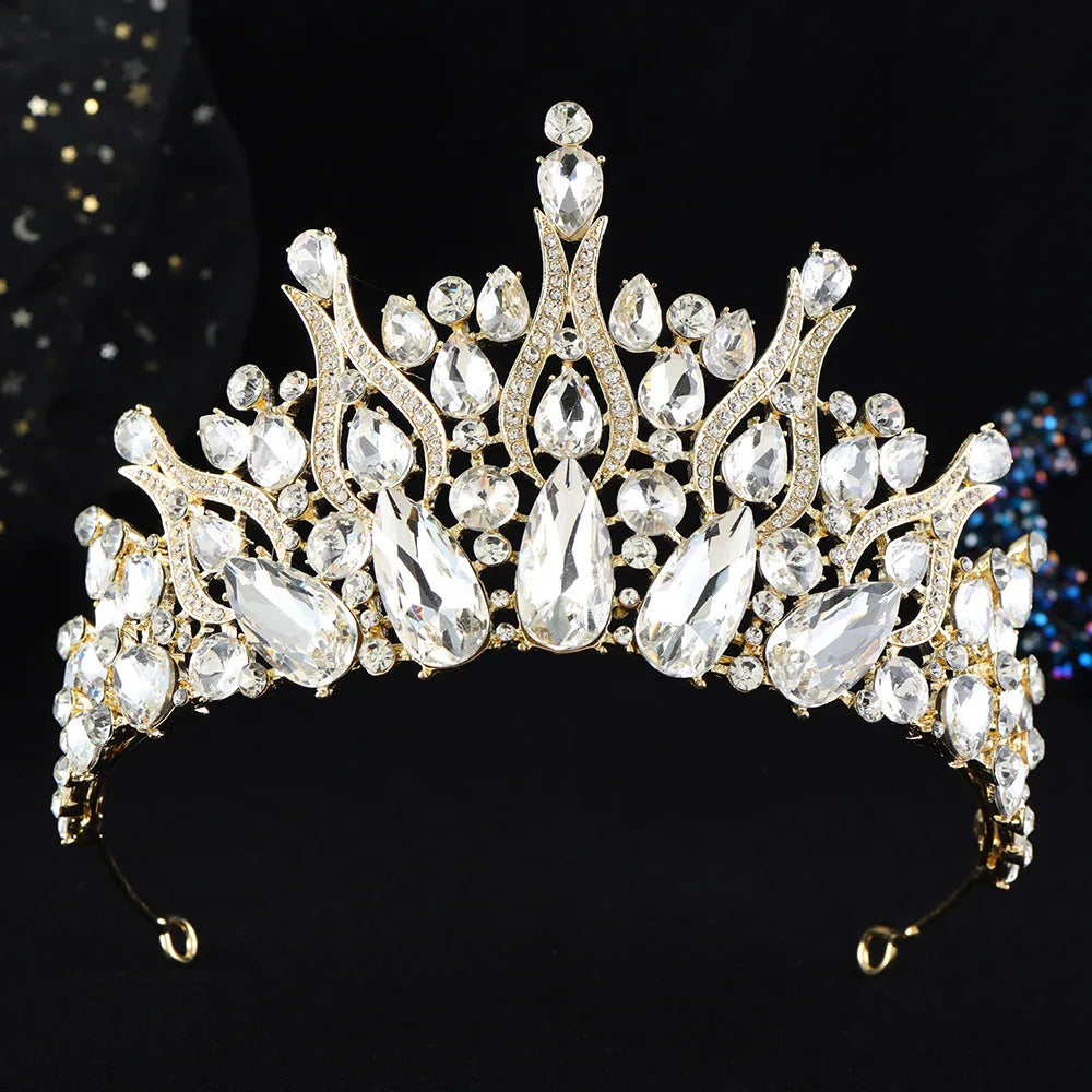 Rhinestone tiara headpiece with clear white crystals and classic ornate crown silhouette