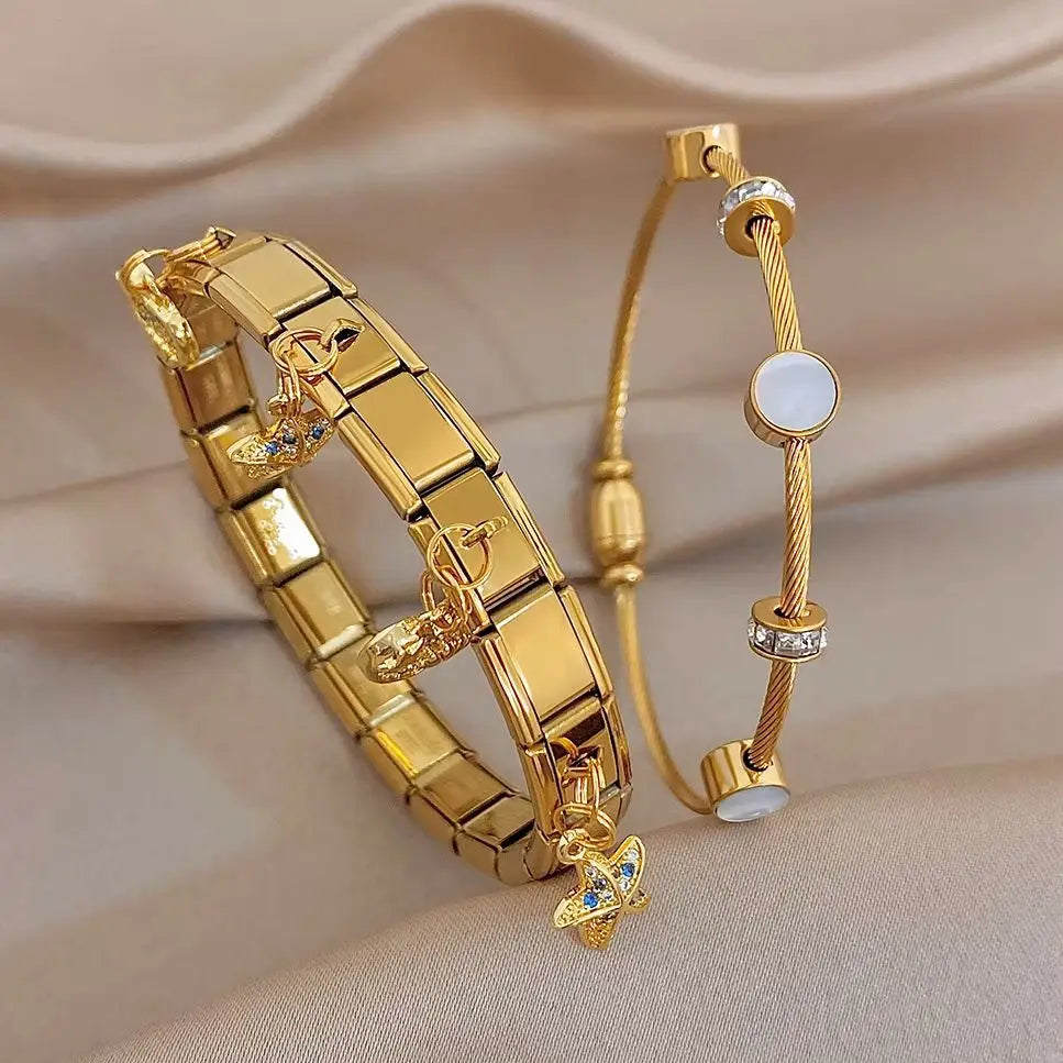 Glossy Gold Plated Stainless Steel Cuff Bangle for Women Chic Zircon Elastic Star Heart Shell Charm Bracelets Waterproof Jewelry