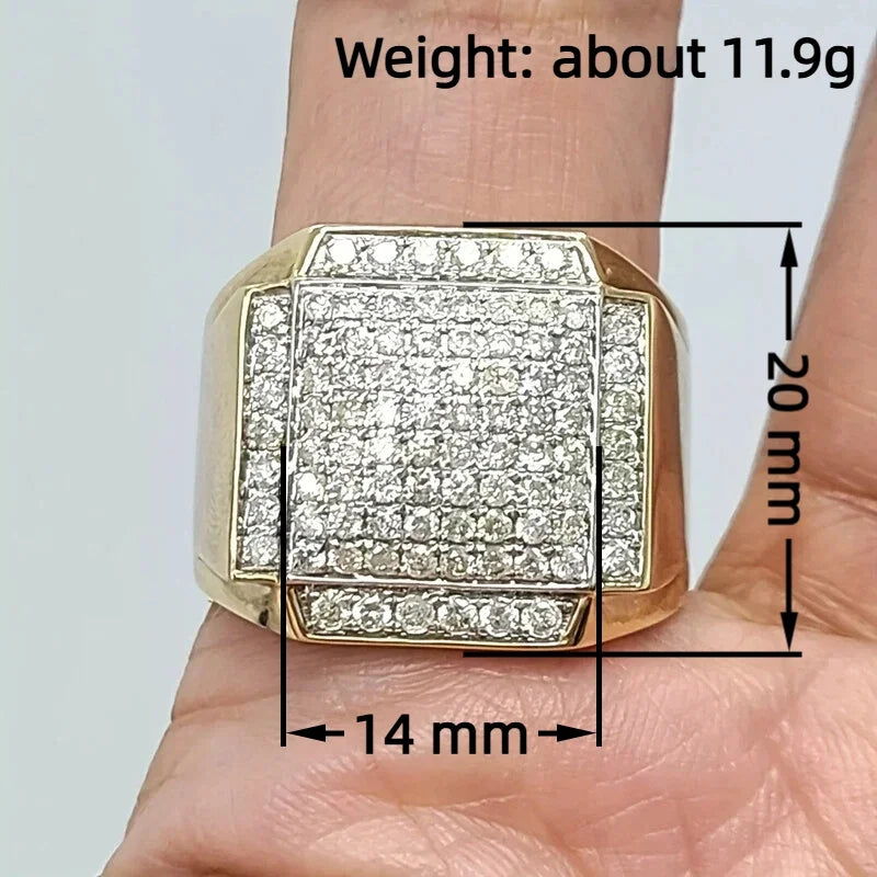 Gold-tone square CZ ring: 14mm wide, 20mm tall; weight about 11.9g