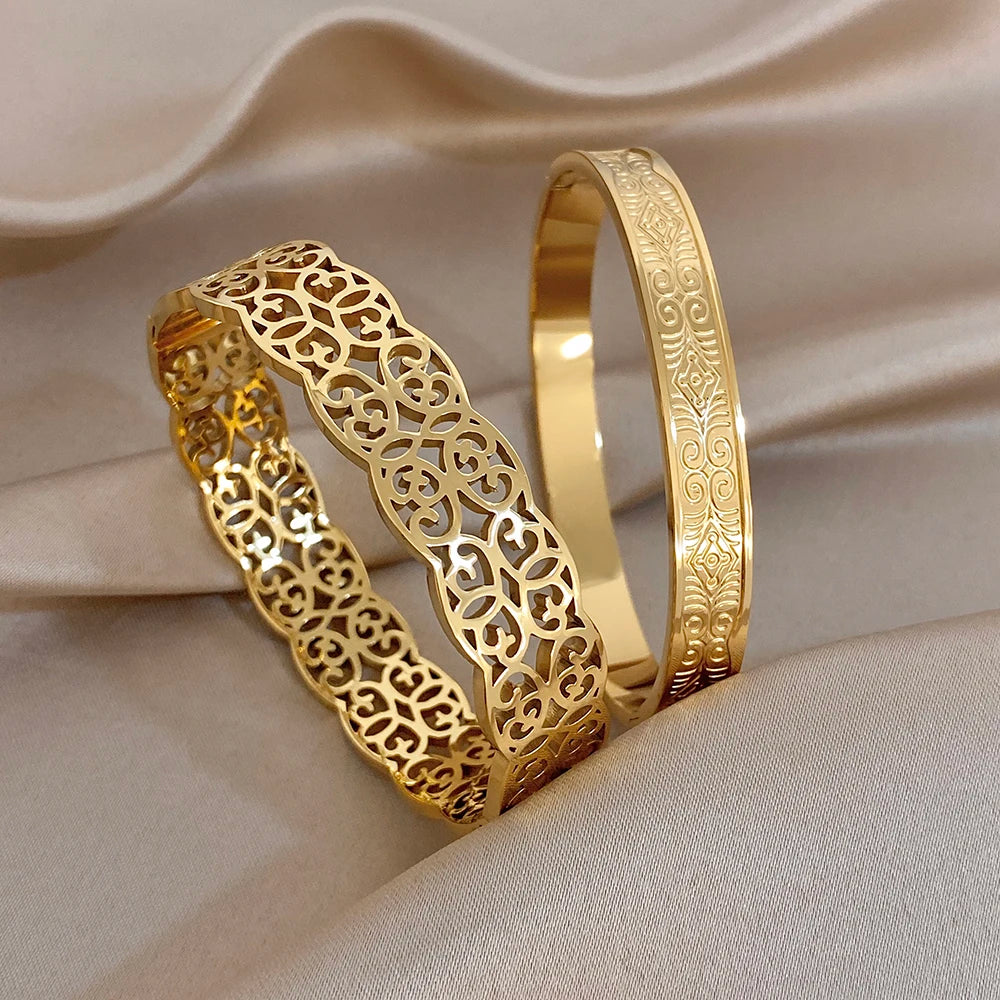 Retro Gothic Stainless Steel Wide Bracelets for Women Men Geometric Textured Carved Gold Plated Cuff Bangle Waterproof Jewelry