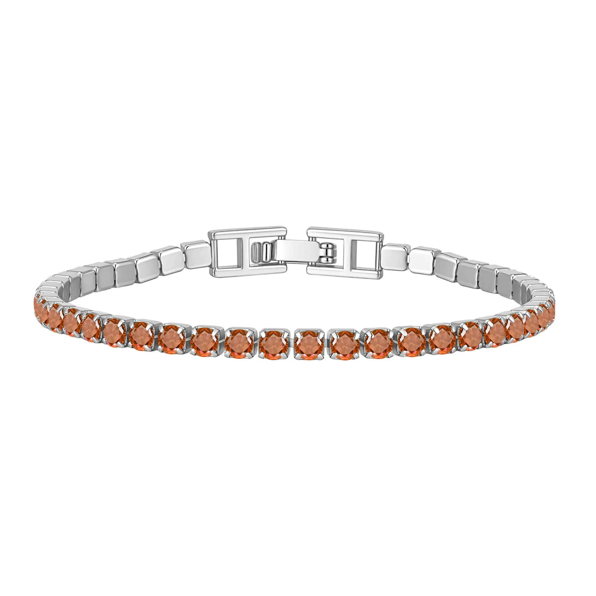 Orange tennis bracelet with silver-tone links and oval cubic zirconia stone row