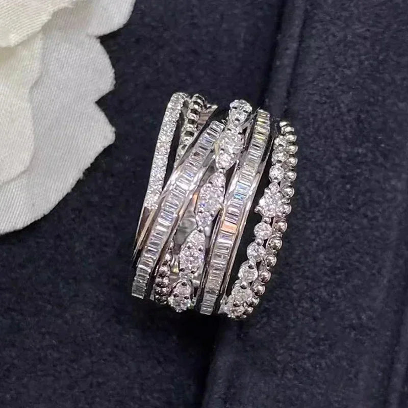Silver cubic zirconia multi-layer ring with pavé and baguette stones