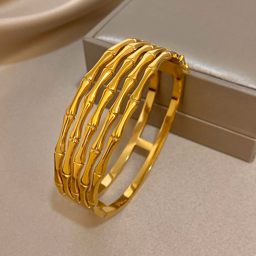 Unique Geometric Multilayer Bamboo Wide Bracelet Stylish Gold Plated Stainless Steel Cuff Bangle Bracelets Waterproof Jewelry