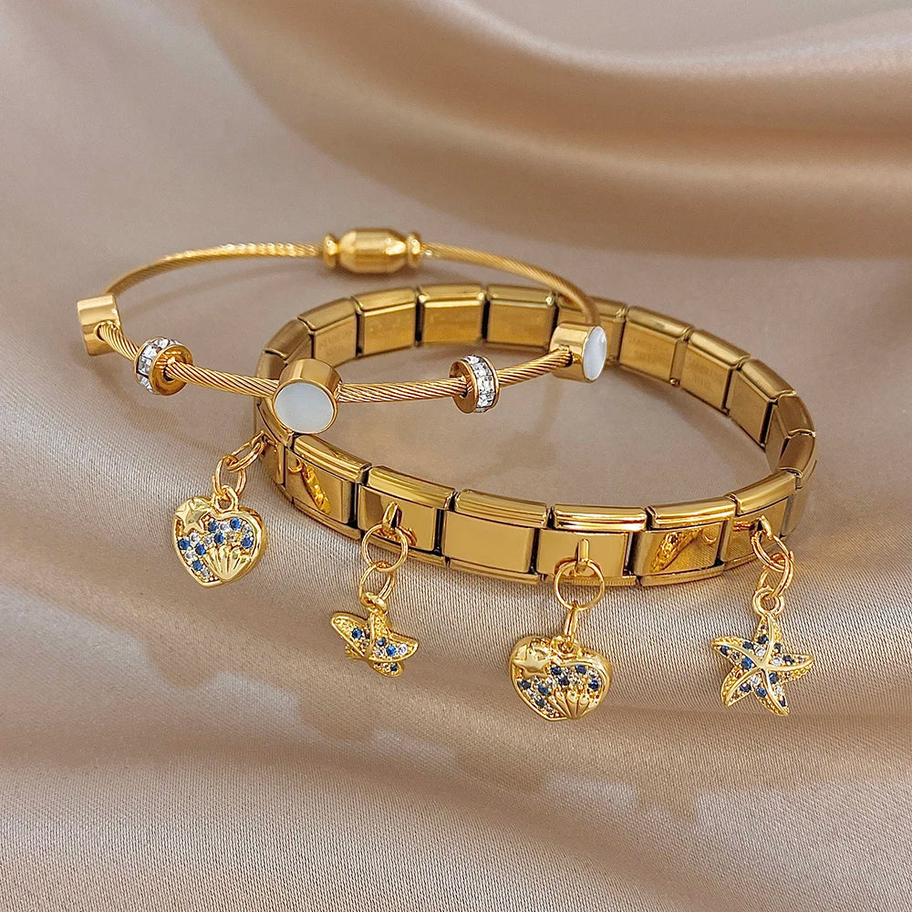 Glossy Gold Plated Stainless Steel Cuff Bangle for Women Chic Zircon Elastic Star Heart Shell Charm Bracelets Waterproof Jewelry