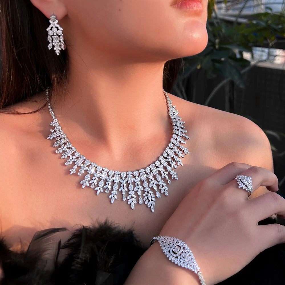 Cubic zirconia necklace and drop earrings with ring and bracelet