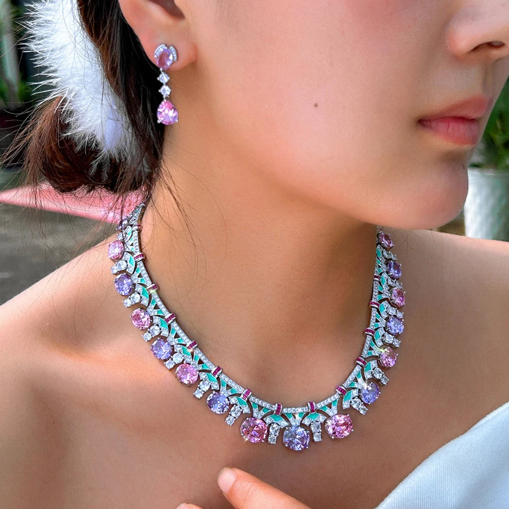 Handmade Multicolor CZ Crystal Jewelry Sets for Women Drop Earrings &Necklace Enamel Wedding Engagement Gift