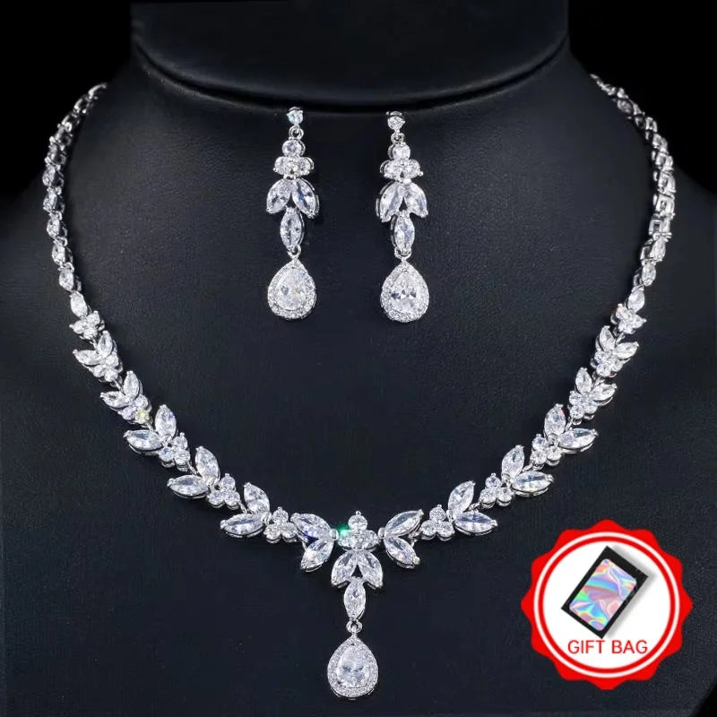 Silver-tone cubic zirconia necklace and matching marquise leaf drop earrings