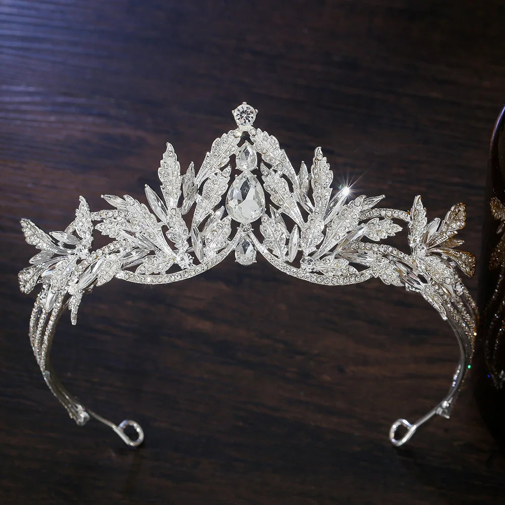 Silver rhinestone tiara headband with clear marquise stones and leaf crystal details