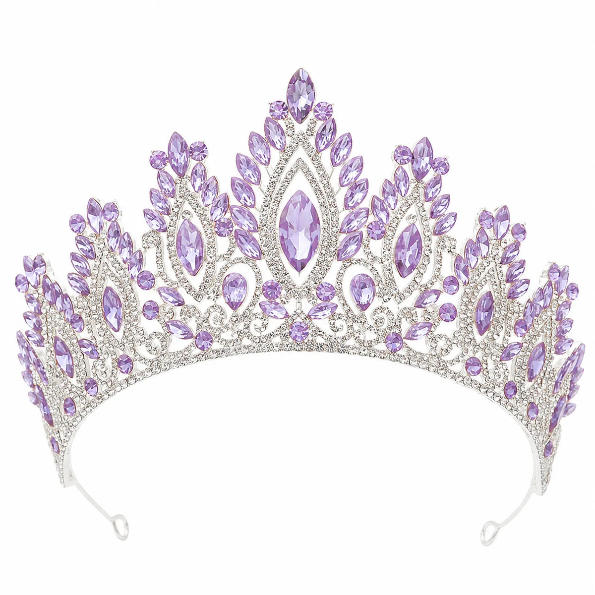 Crystal tiara headband with purple rhinestone marquise stones and central teardrop