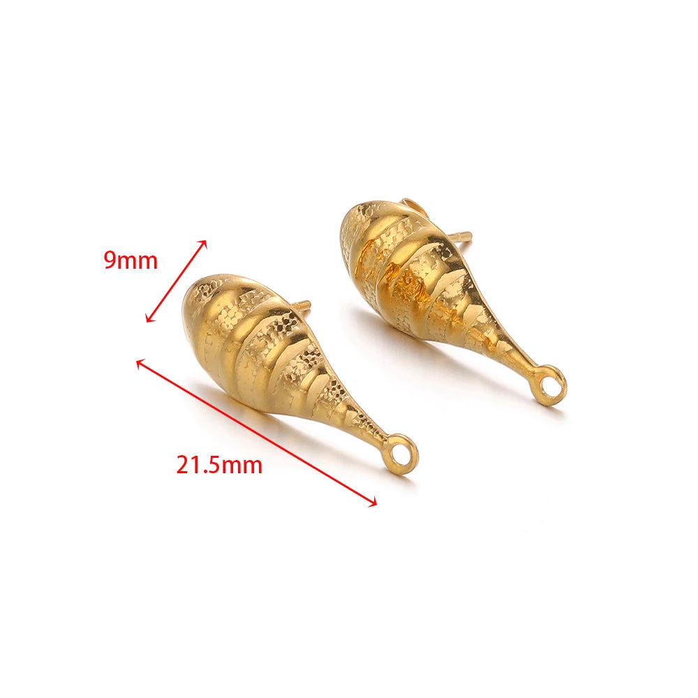 Gold oval earring stud connector with side loop and textured back