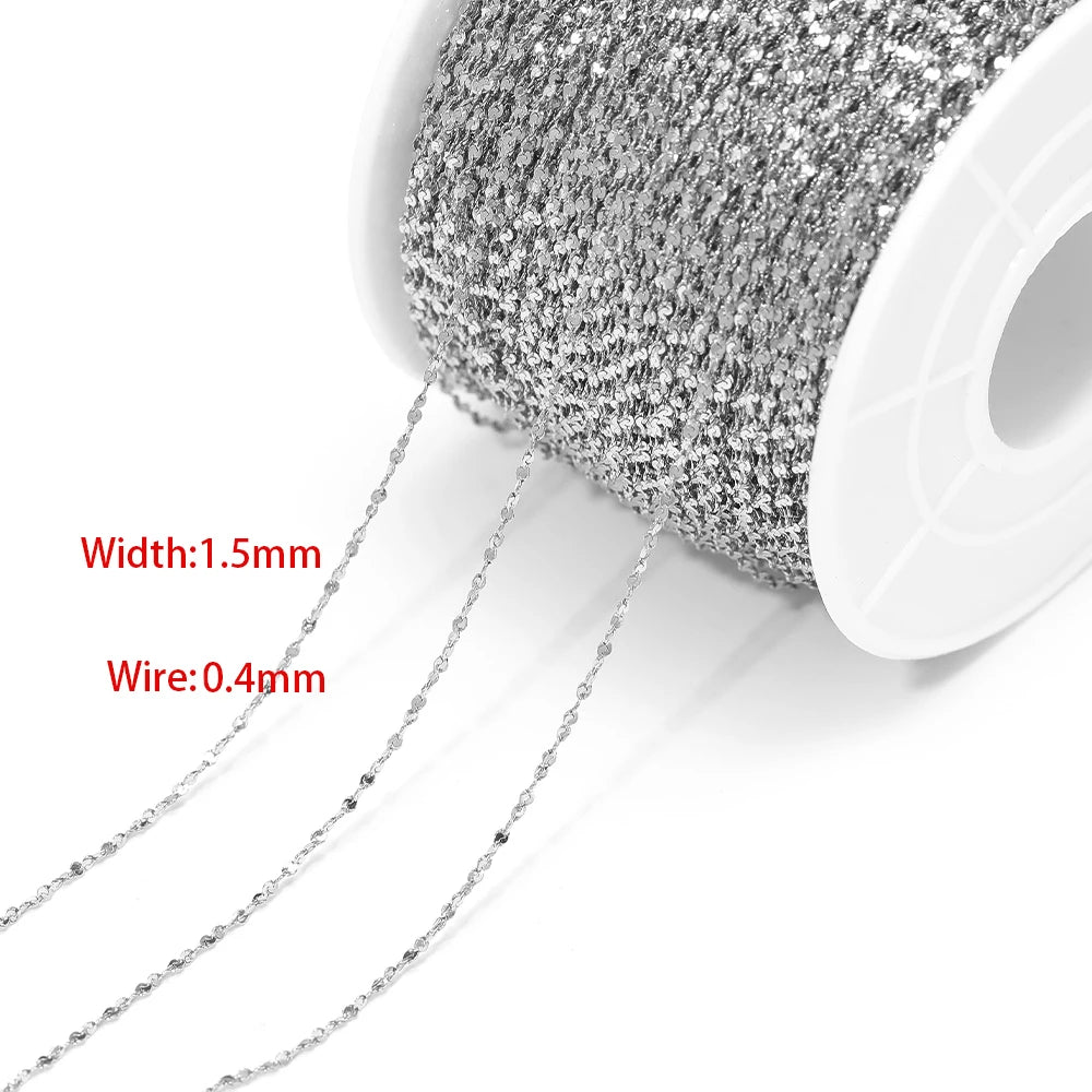 Flat flower stainless steel chain, silver tone, fine links, 1.5mm width