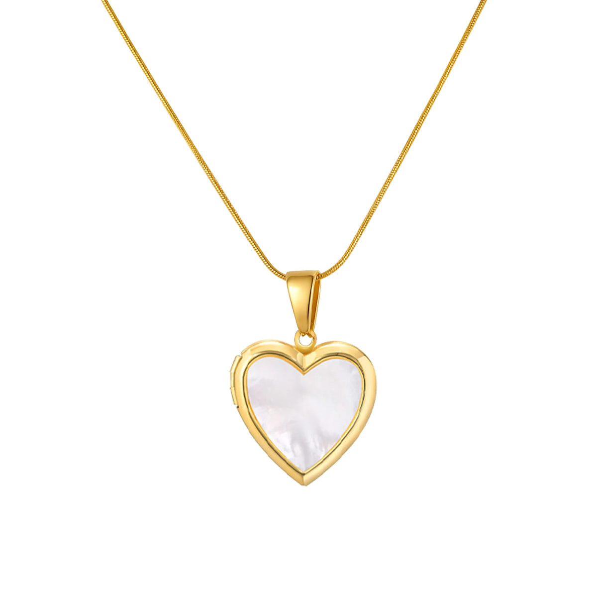 Gold heart pendant necklace with white mother-of-pearl heart center and gold chain