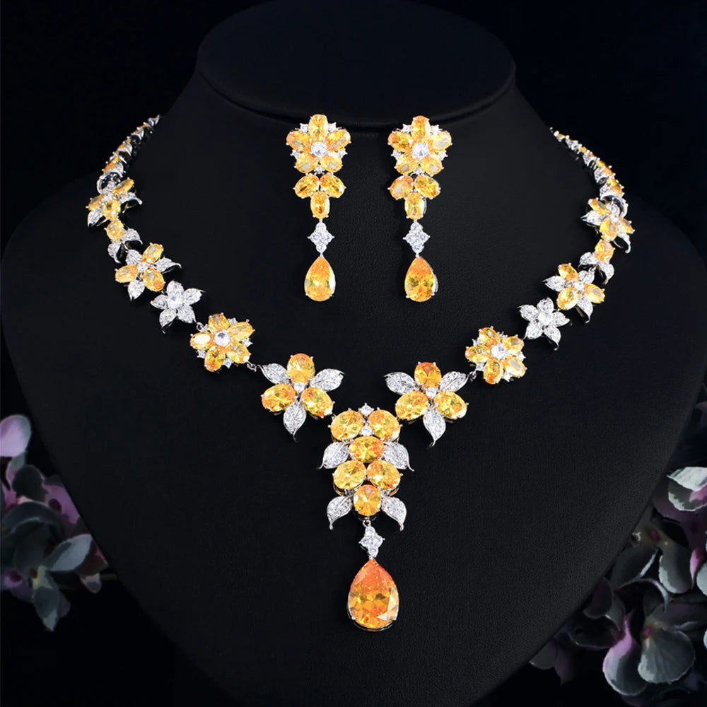 Flower zircon necklace with matching dangling earrings and yellow teardrop stones