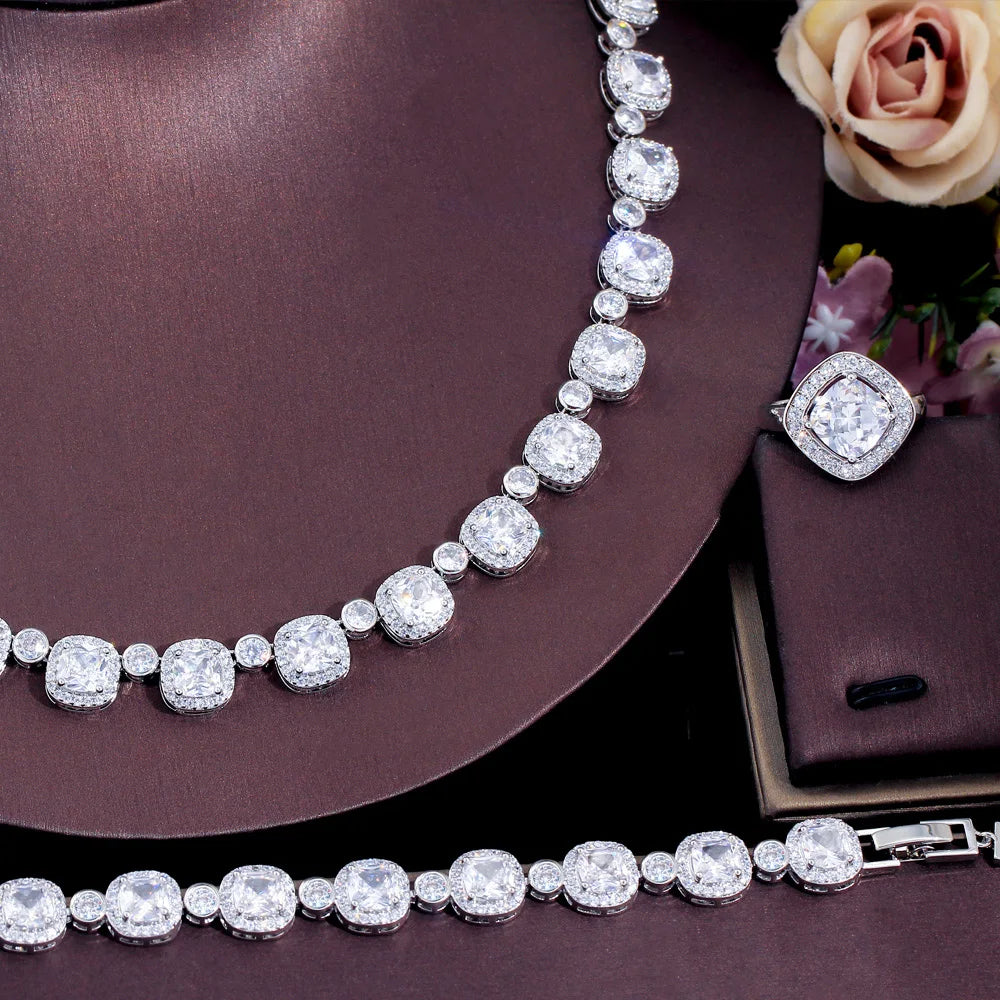 Square cubic zirconia tennis-style necklace and bracelet set with cushion ring