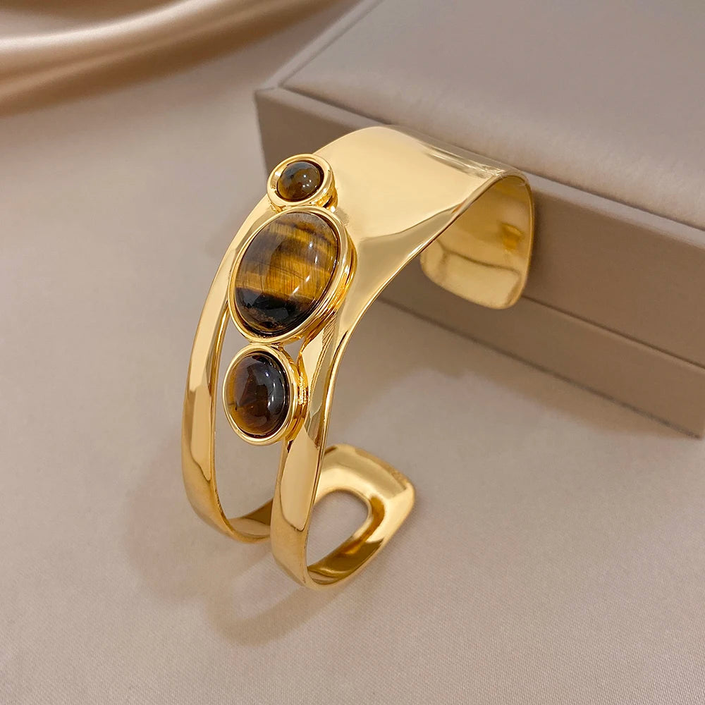 Retro Tiger Eye Stone Beads Cuff Bangle for Women Glossy Geometric Gold Plated Stainless Steel Wide Bracelets Waterproof Jewelry