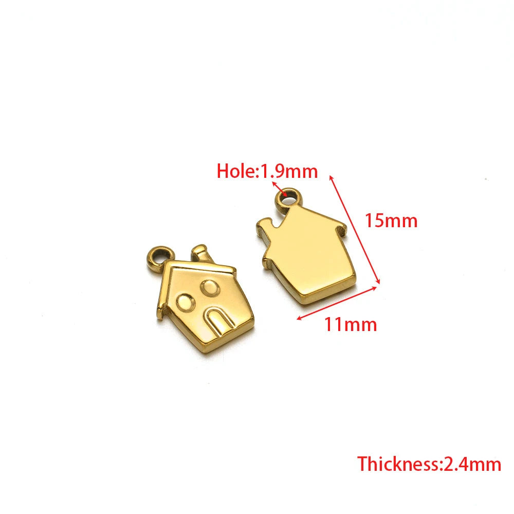 Gold house and heart-shaped charm pendants with loops, 15mm length