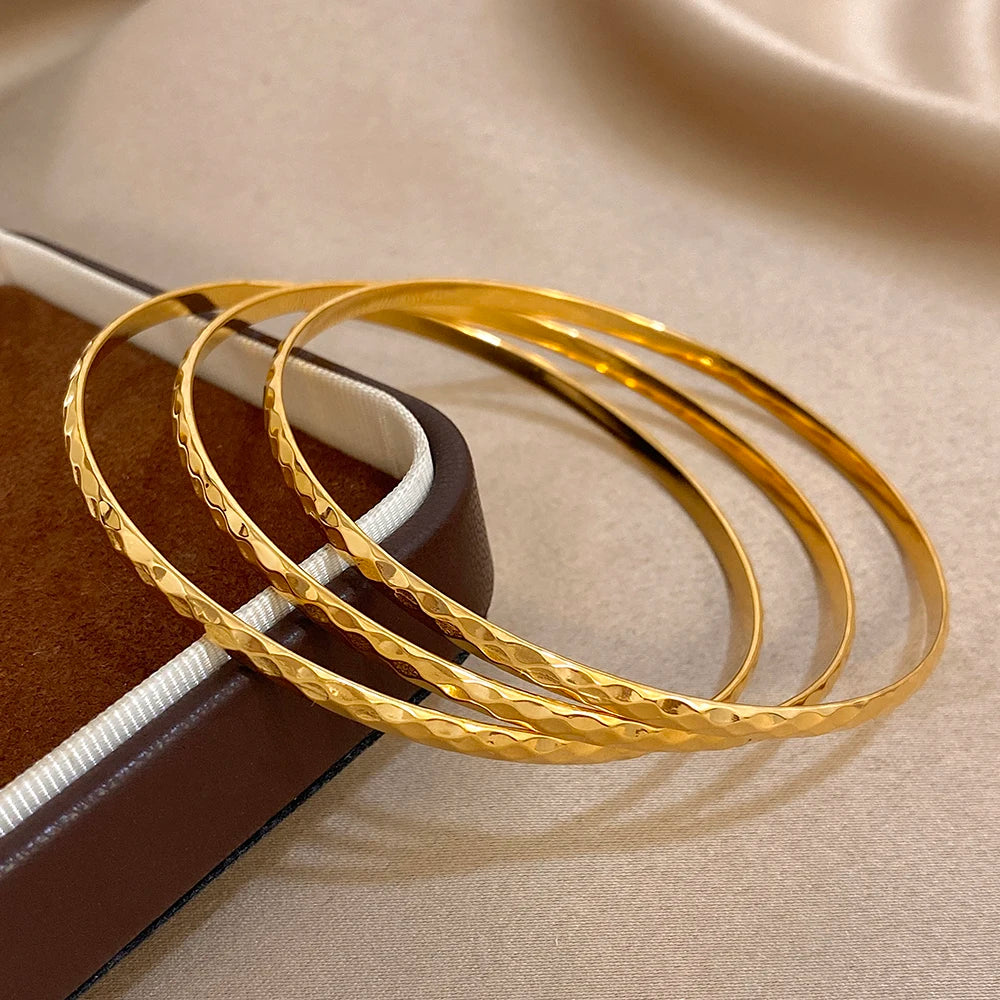 1pc/3pcs Hammered Gold Plated Stainless Steel Bangle for Women Shiny Geometric Slim Stackable Bracelets Waterproof Jewelry