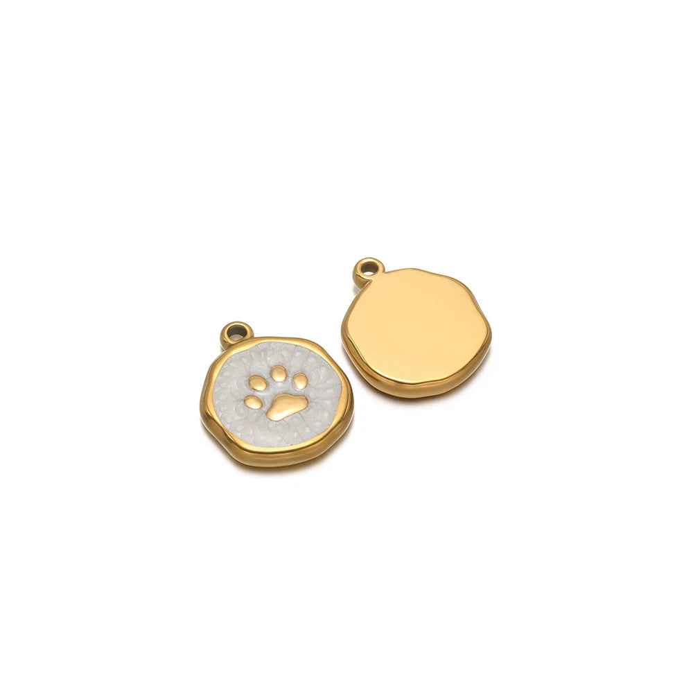Enamel paw print charm pendant, light gray with white paw and gold-tone rim