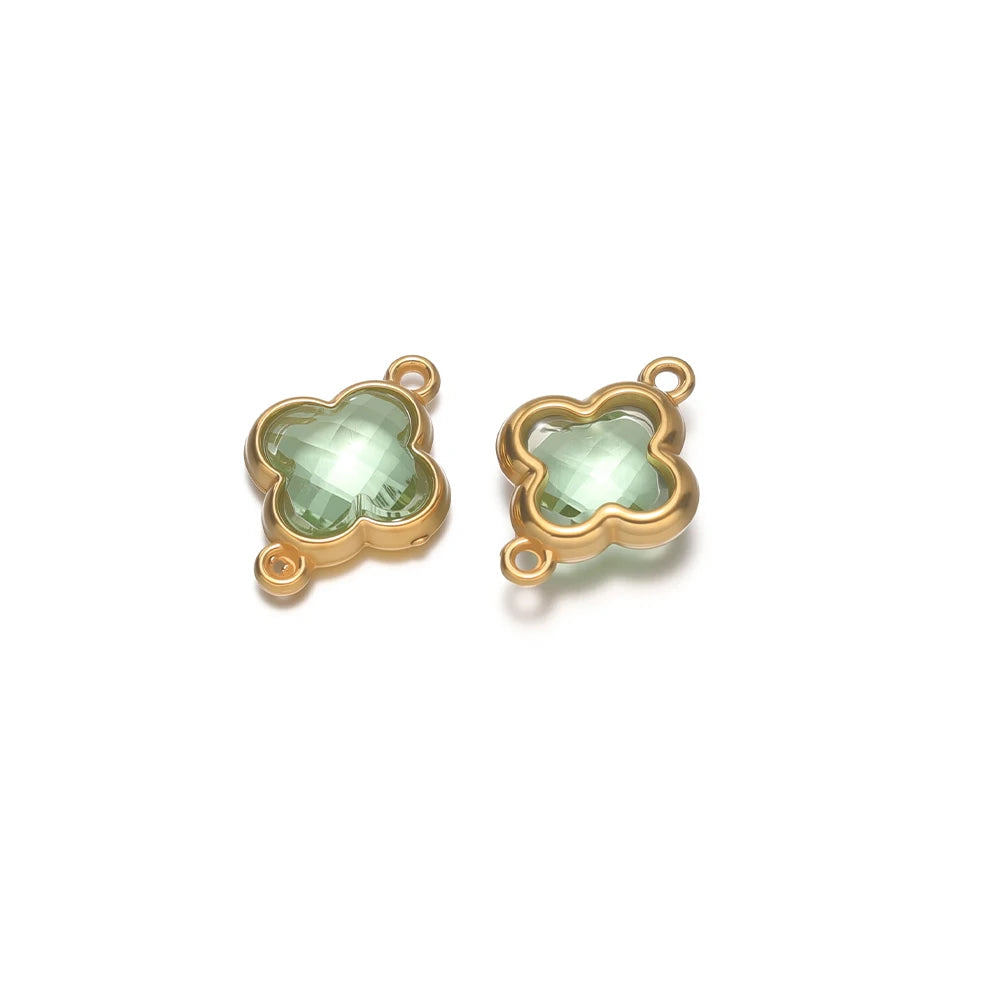 Four-leaf clover glass charm pendant in mint green with gold-tone loops, for DIY jewelry