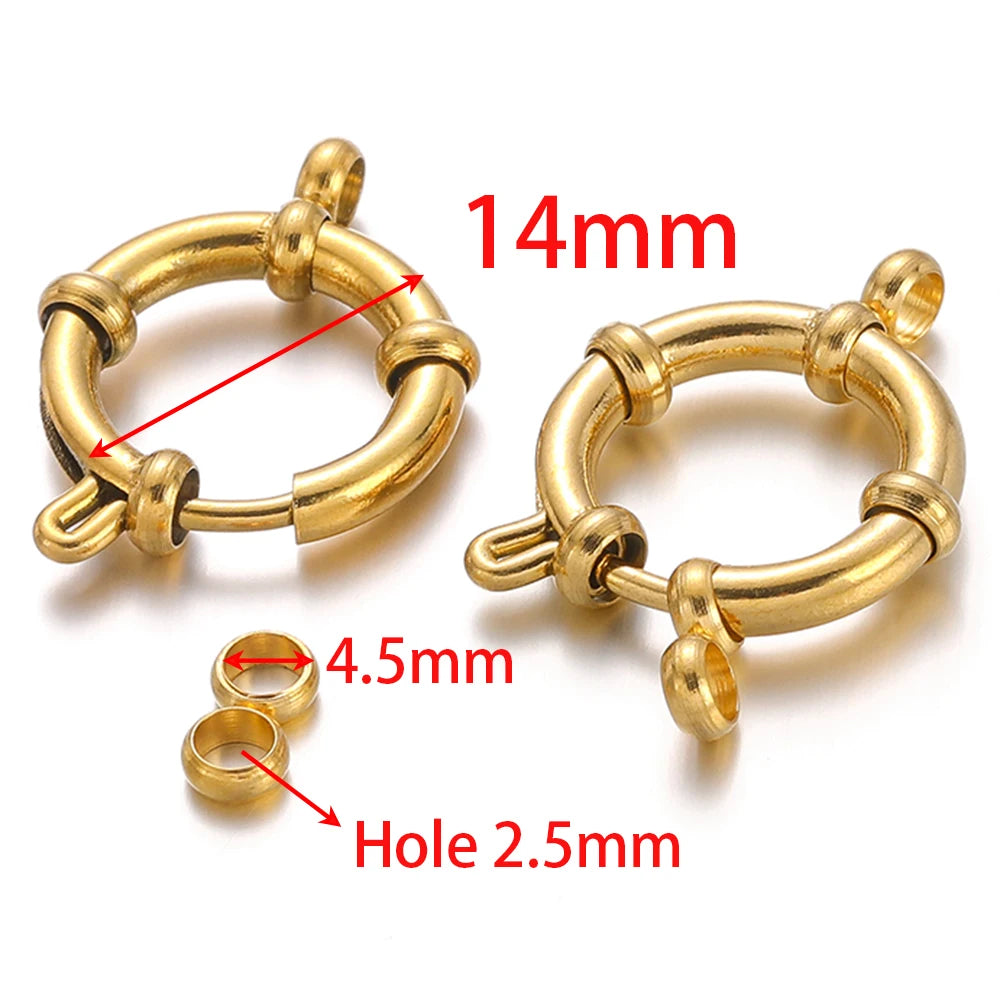 Gold round spring clasp hook pair with 14mm size and hole 2.5mm markings