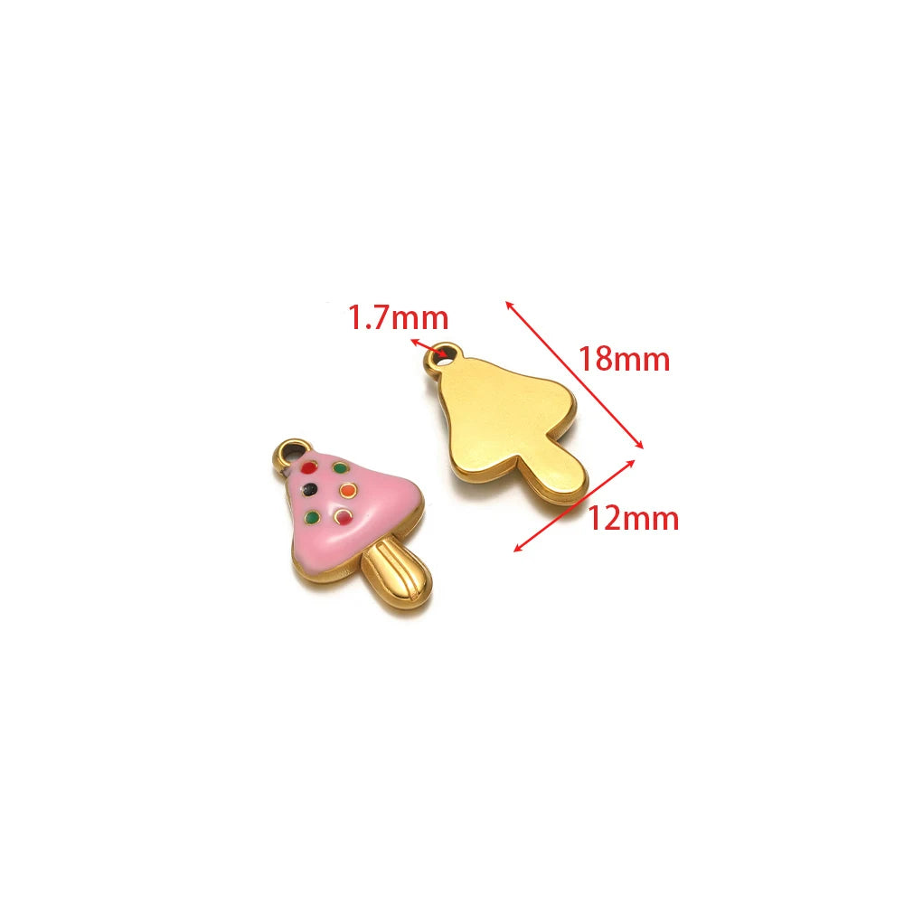 Mushroom fruit charm pendants dimension guide; pink and gold sizes shown, thickness 1.3mm