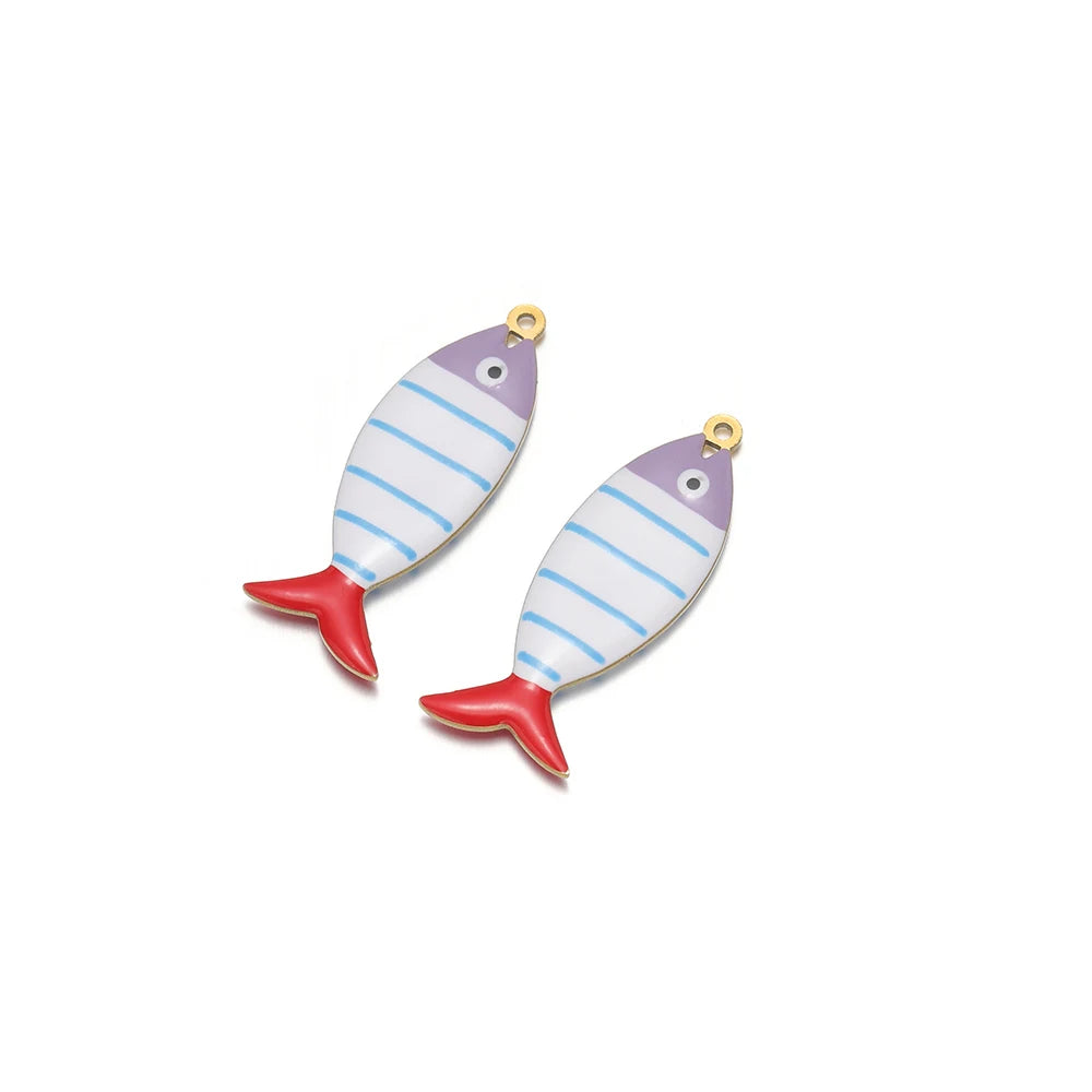 Enamel striped fish pendant charm, white and blue stripes with lavender top, gold loop