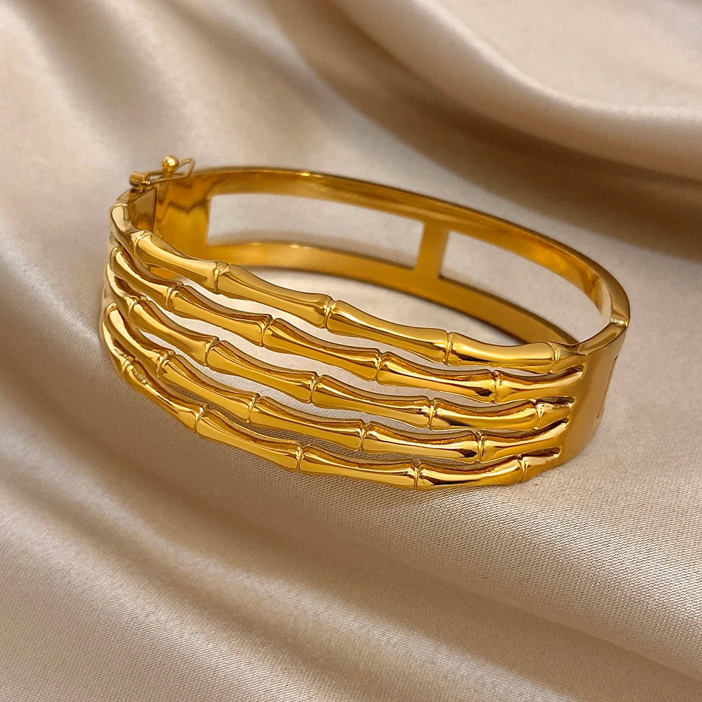 Unique Geometric Multilayer Bamboo Wide Bracelet Stylish Gold Plated Stainless Steel Cuff Bangle Bracelets Waterproof Jewelry
