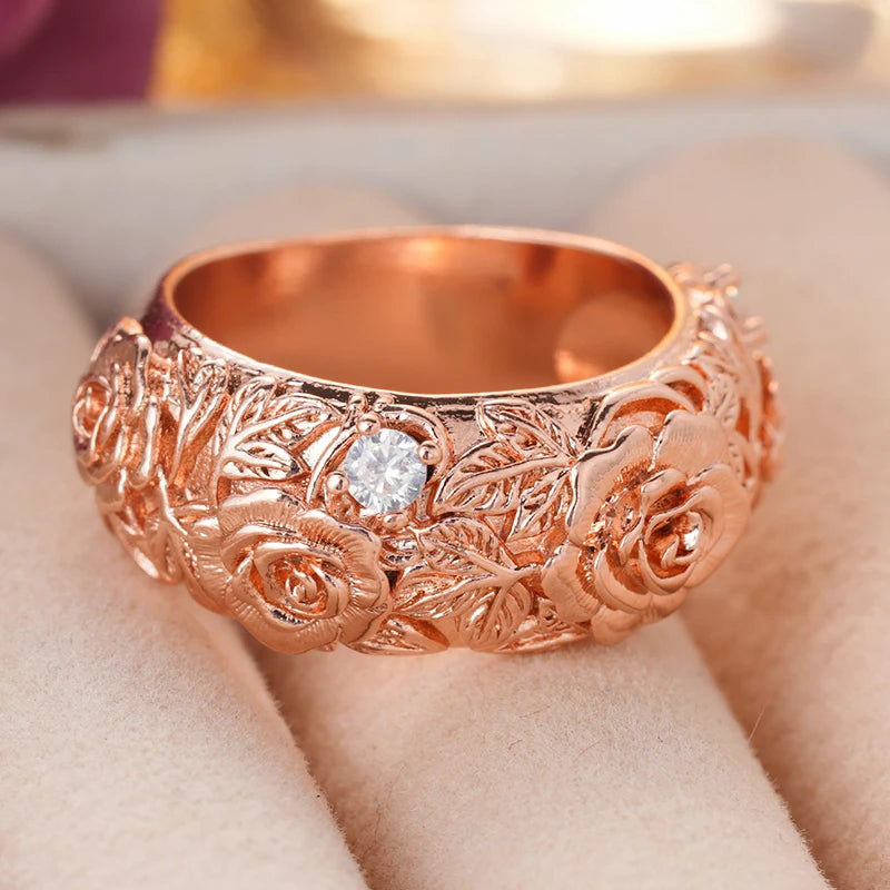 Rose gold floral CZ ring showing inner band and detailed rose side design